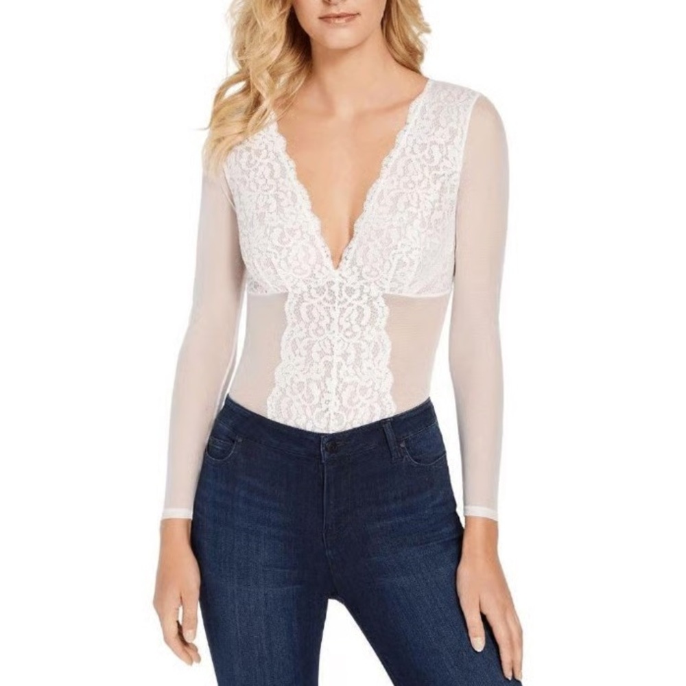 INC International Concepts Not So Basic White Long-Sleeve Lace Mesh Bodysuit XL